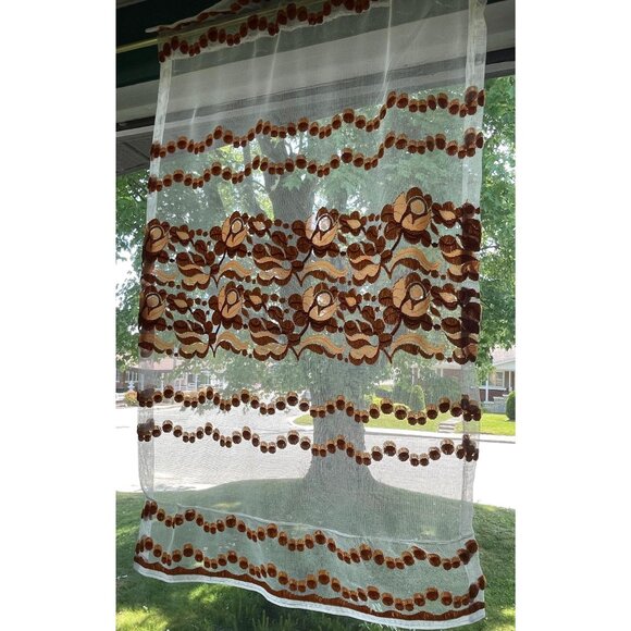 Vintage 70s curtain, tan, rust floral & dots embroidered pattern, sheer panel - Picture 2 of 10